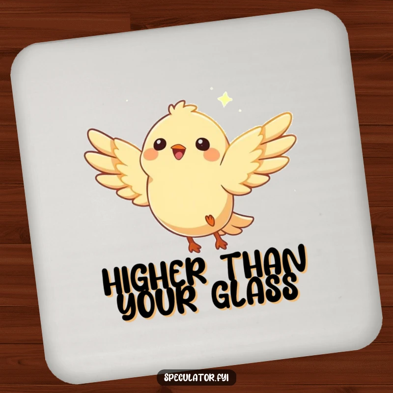 Funny bird coaster showing a happy character with wings spread, soaring joyfully towards a distant, hopeful glimmer.