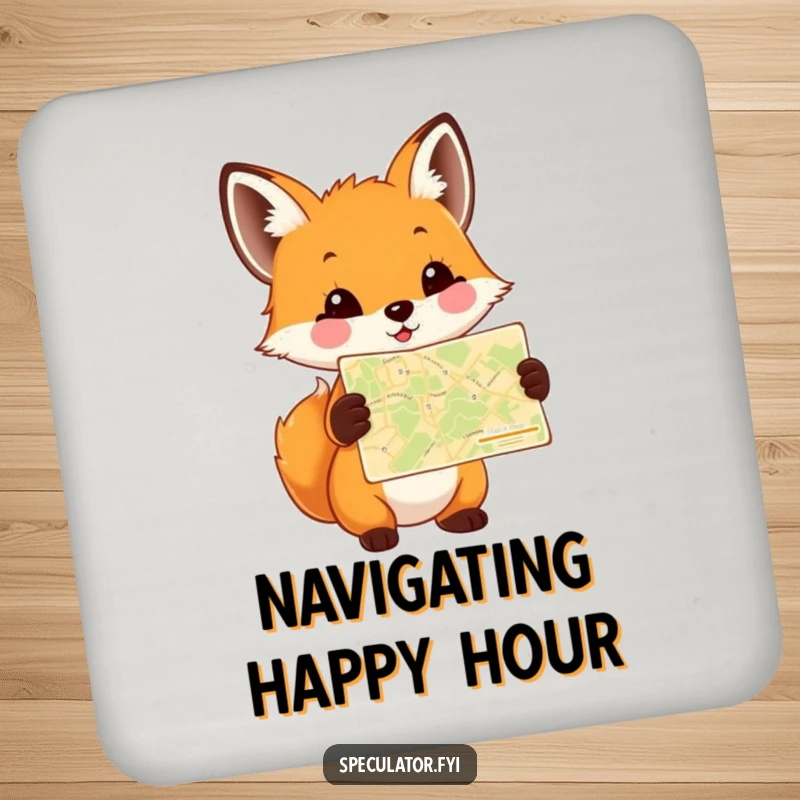 Funny Fox Cub Map Coaster featuring a happy cub holding a tiny map, perfect for adding charming humor and protecting surfaces.
