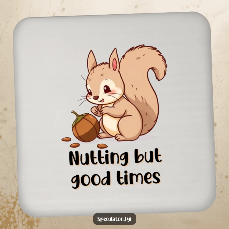 Funny squirrel coaster, bushy tail, suspiciously eyeing a nut, protecting surfaces with humor.