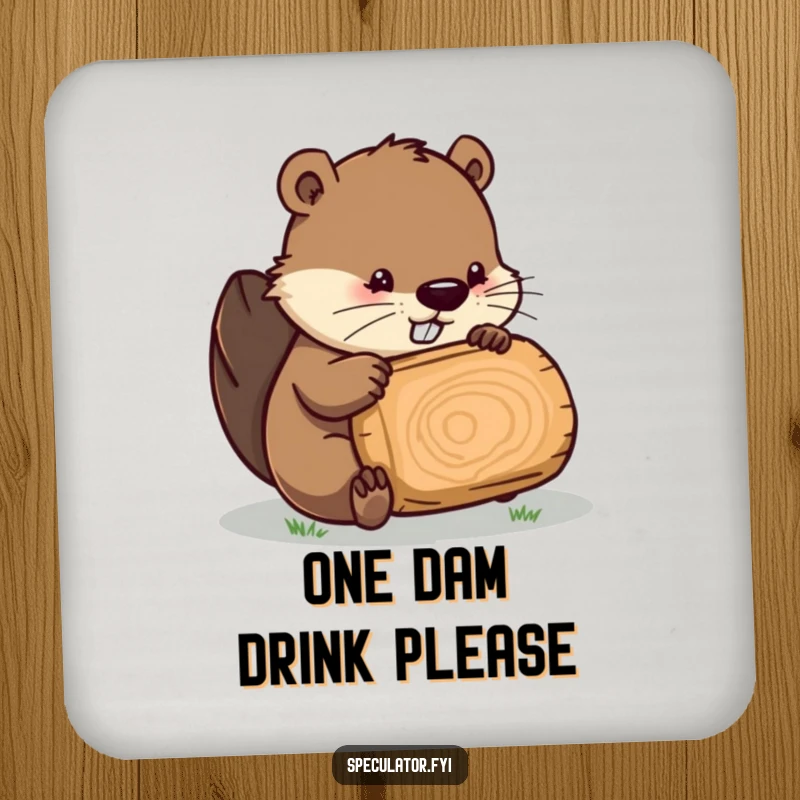 Funny Beaver coaster, a beaver inspecting a log, protecting surfaces with a humorous and clever design.