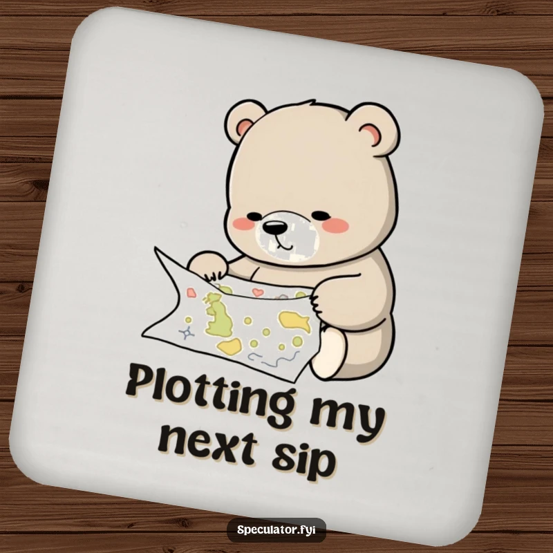 Funny drink coaster depicting a thoughtful bear studying a complex map, for protected and stylish surfaces.