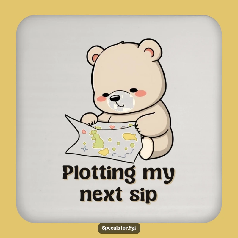 Funny Bear Studying Map Drink Coaster - Protect Surfaces Planner Aid, Cute Humorous Gift