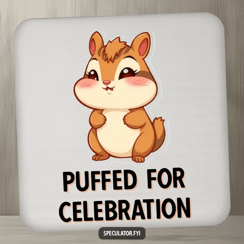 Funny chipmunk coaster, puffed cheeks, looking around with wonder, protecting surfaces with charm.