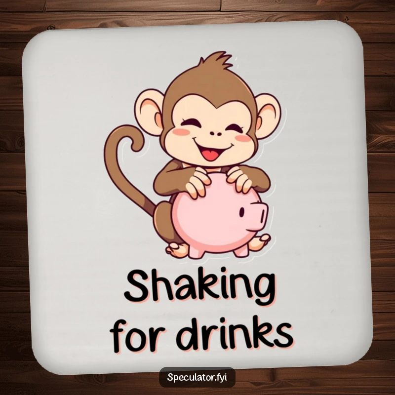 Funny kawaii monkey coaster, featuring a monkey playfully shaking a piggy bank, protecting tables with humor.