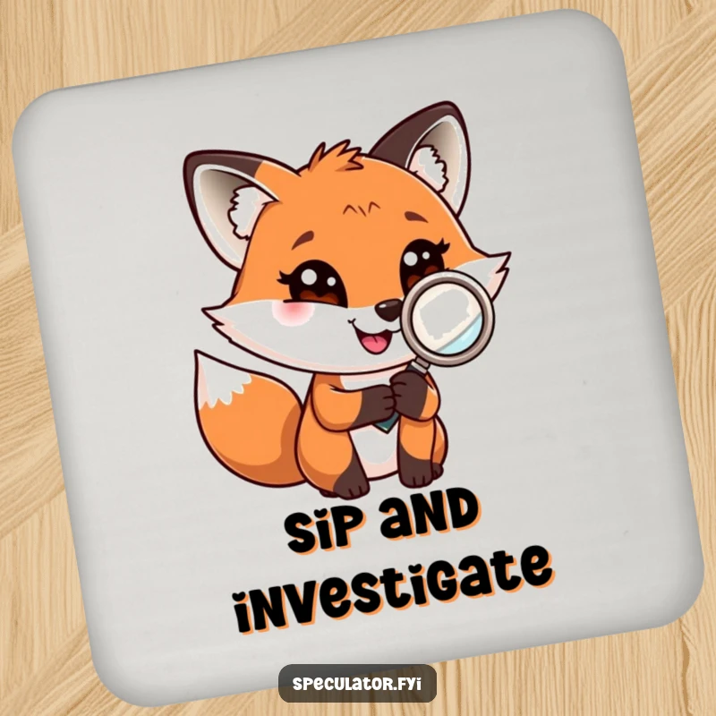 Funny fox with a magnifying glass on drink coasters, adding playful investigative charm to any surface.