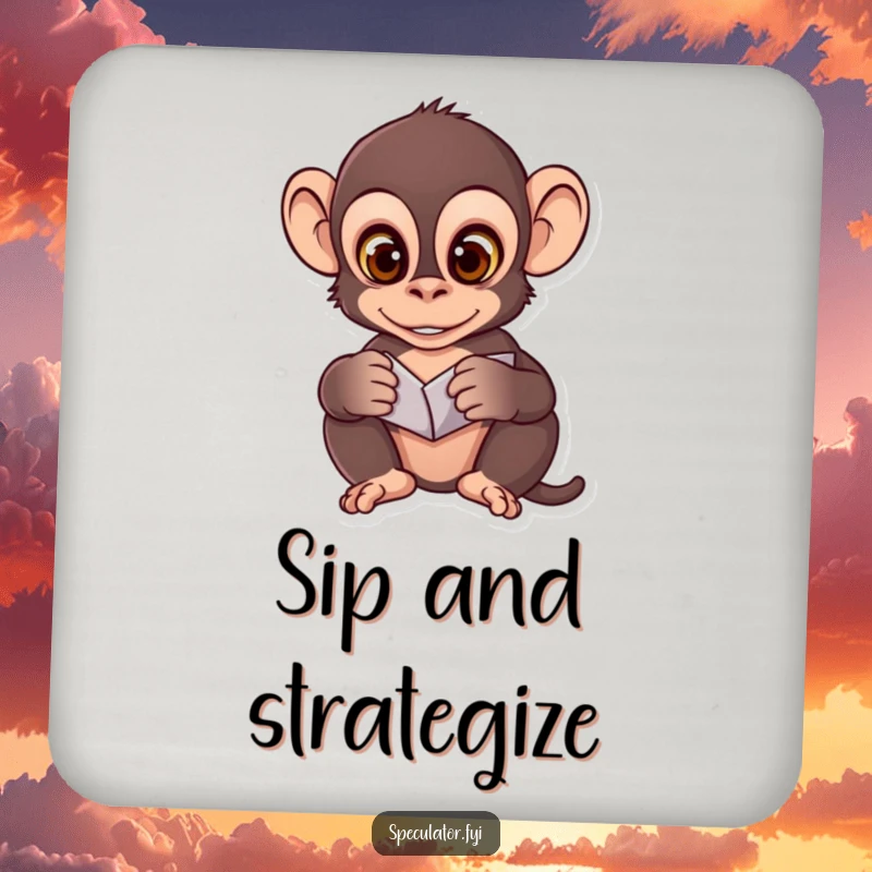 Funny coaster set featuring a clever monkey analyzing patterns, offering surface protection with a humorous and analytical theme.