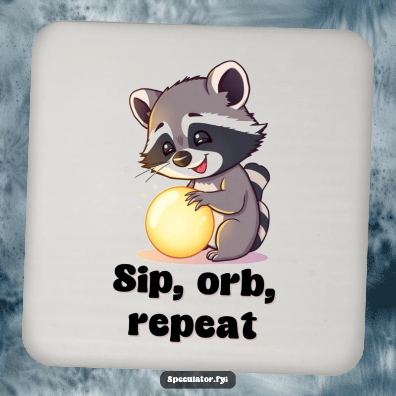 Funny happy raccoon examining a mysterious, glowing orb on a drink coaster, humorous and decorative.
