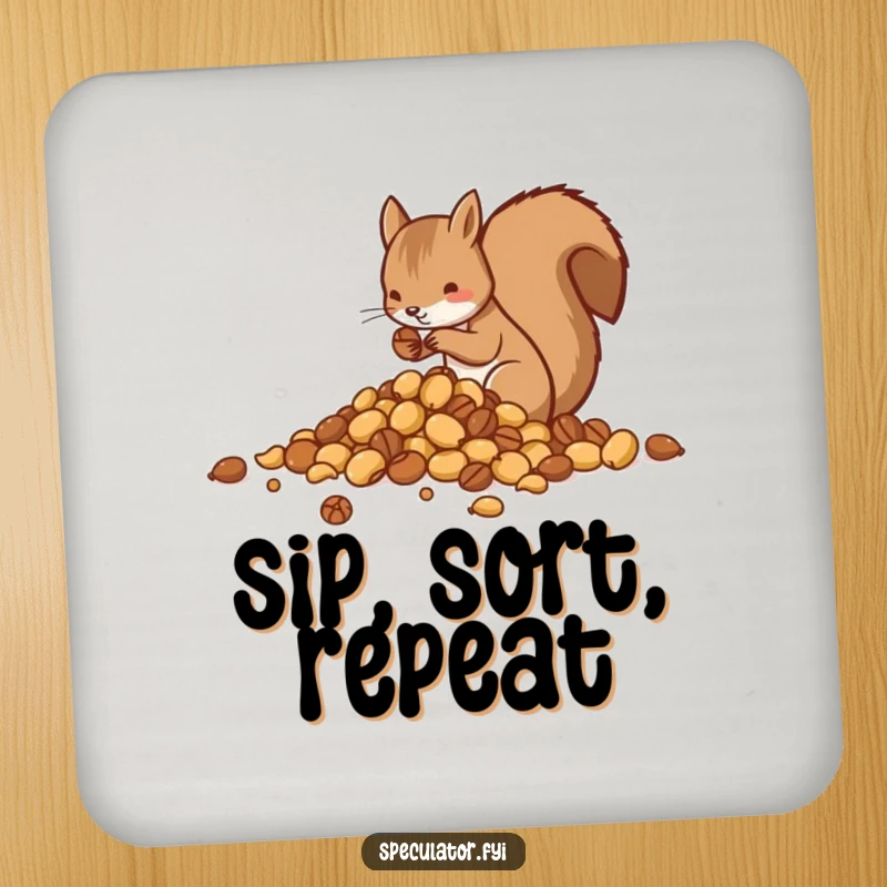Funny drink coaster depicting a squirrel carefully sorting nuts into distinct piles, for protected and stylish surfaces.