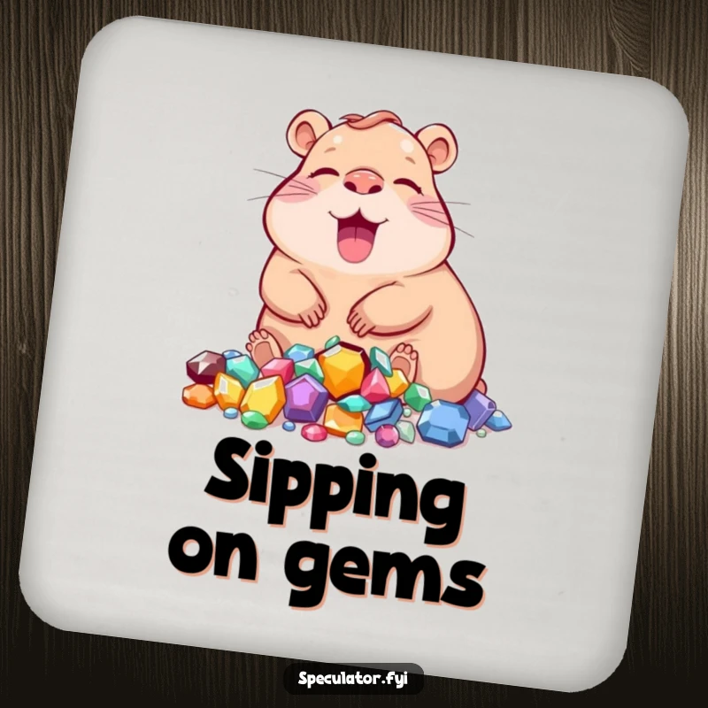 Funny capybara drink coasters with a character relaxing near a pile of jewels, providing humor and elegance.
