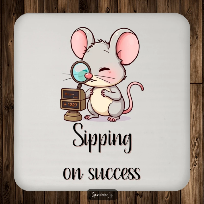 Funny drink coaster featuring a clever mouse with a monocle, examining a market ticker, protecting surfaces with sophisticated humor. A charming funny gift.