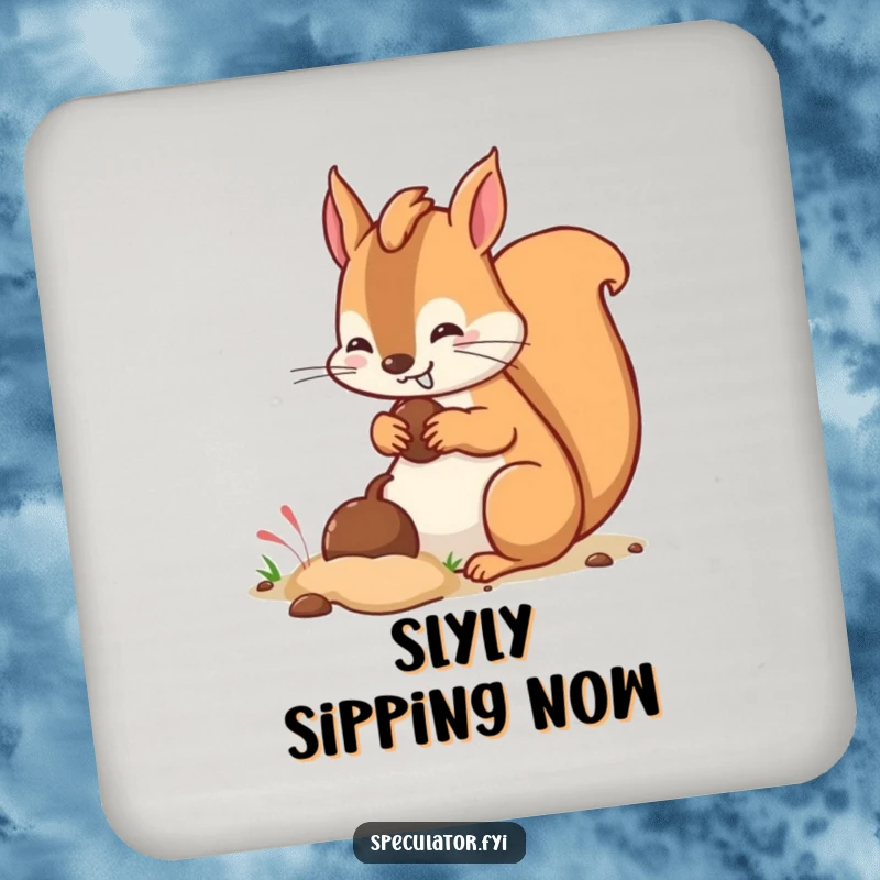Funny kawaii squirrel character with a sly grin burying a nut on a drink coaster.