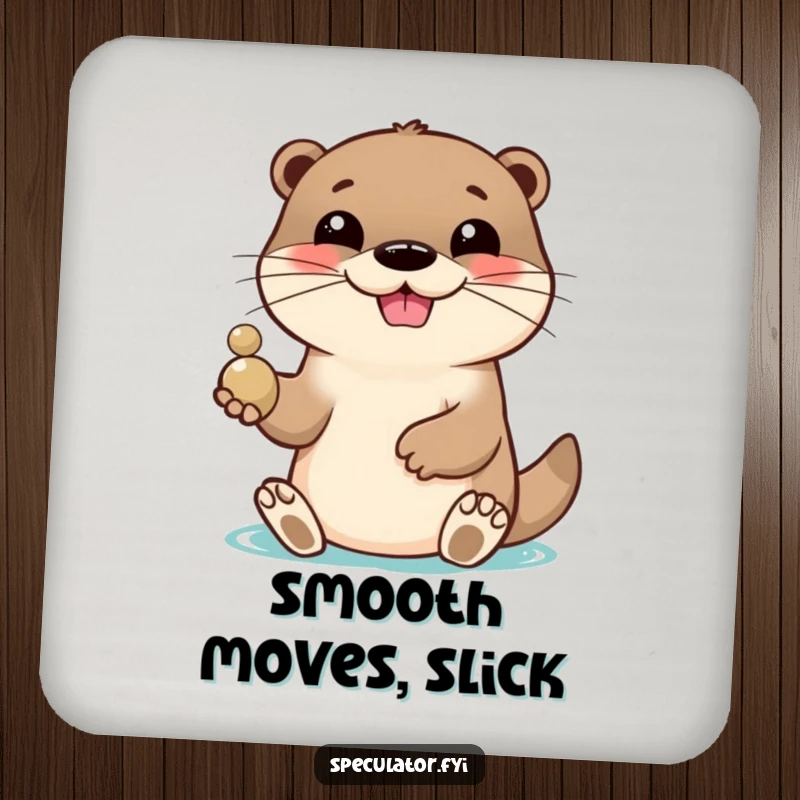 Funny drink coaster featuring a lively otter with a playful grin, tossing a shiny pebble, protecting surfaces with adorable humor. A charming funny gift.