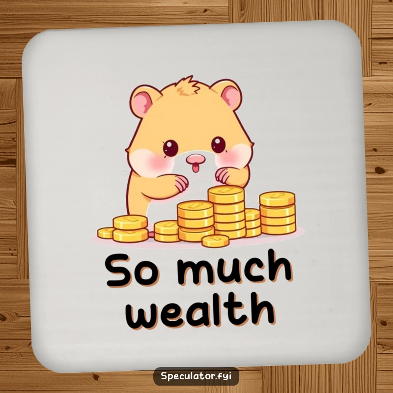 Funny kawaii hamster character sitting on a gold coin, protecting a surface on a drink coaster.