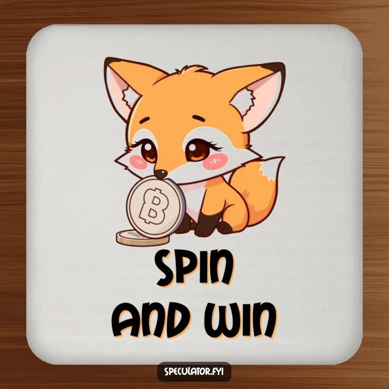 Funny fox drink coaster, curious character watching a spinning coin, protects furniture, adds witty flair.