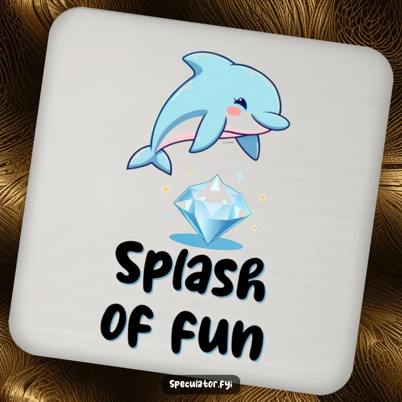 Funny playful dolphin coaster, leaping over a sparkling diamond, protecting surfaces with aquatic humor.