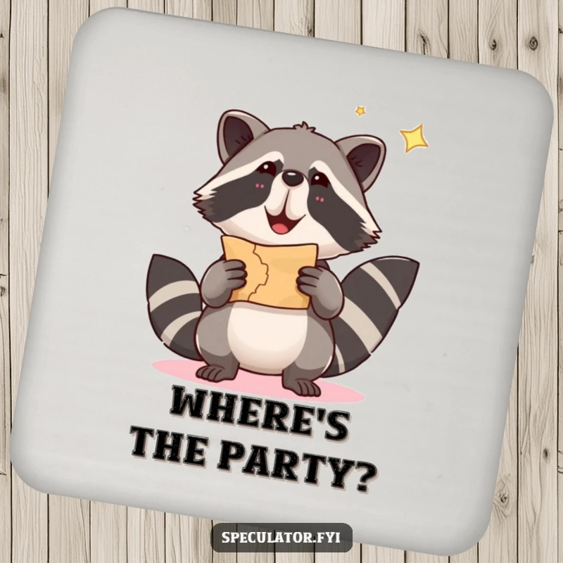 Funny raccoon coaster showing a raccoon holding a treasure map, protecting surfaces with humor.