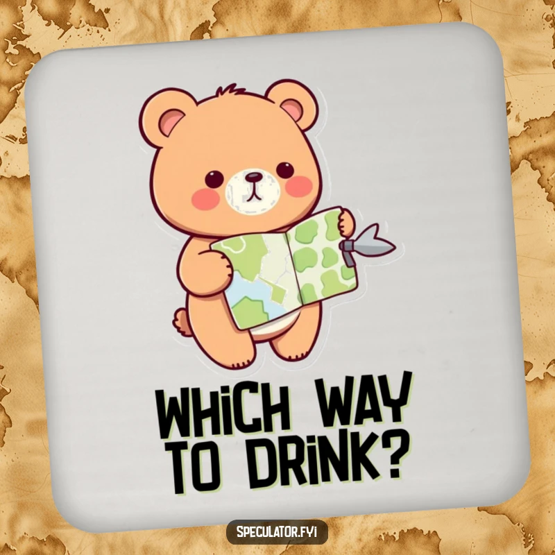 Funny kawaii bear coaster, featuring a bear holding a map and pointing, protecting tables with a sense of direction.