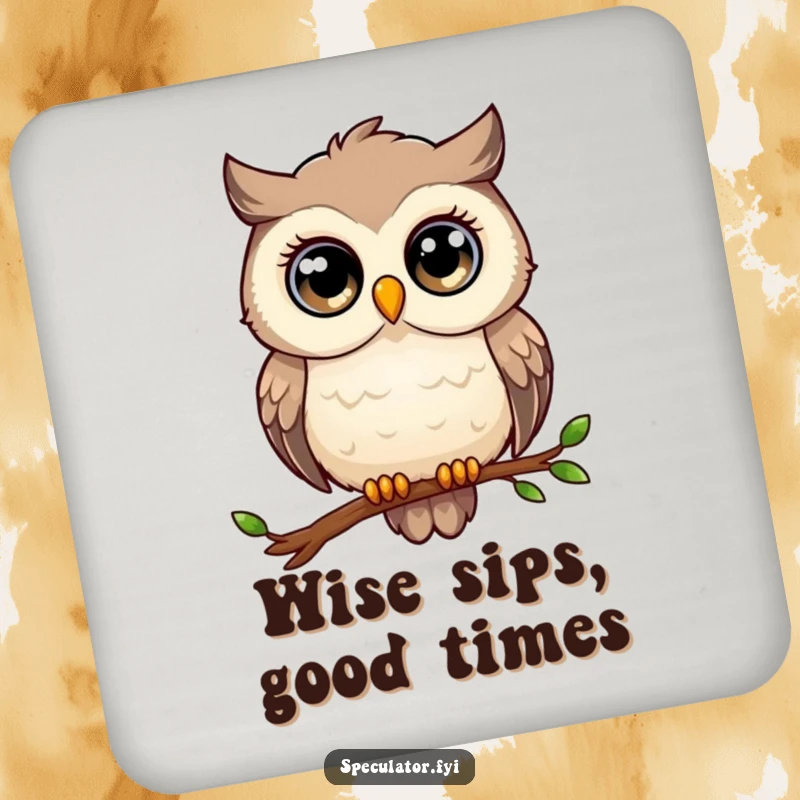 Funny owl coaster, large eyes, perched, gazing thoughtfully, protecting surfaces with wisdom.