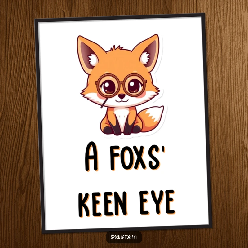 Funny kawaii fox wearing a monocle and peering intently at a coin, creating an elegant and humorous piece of wall art.