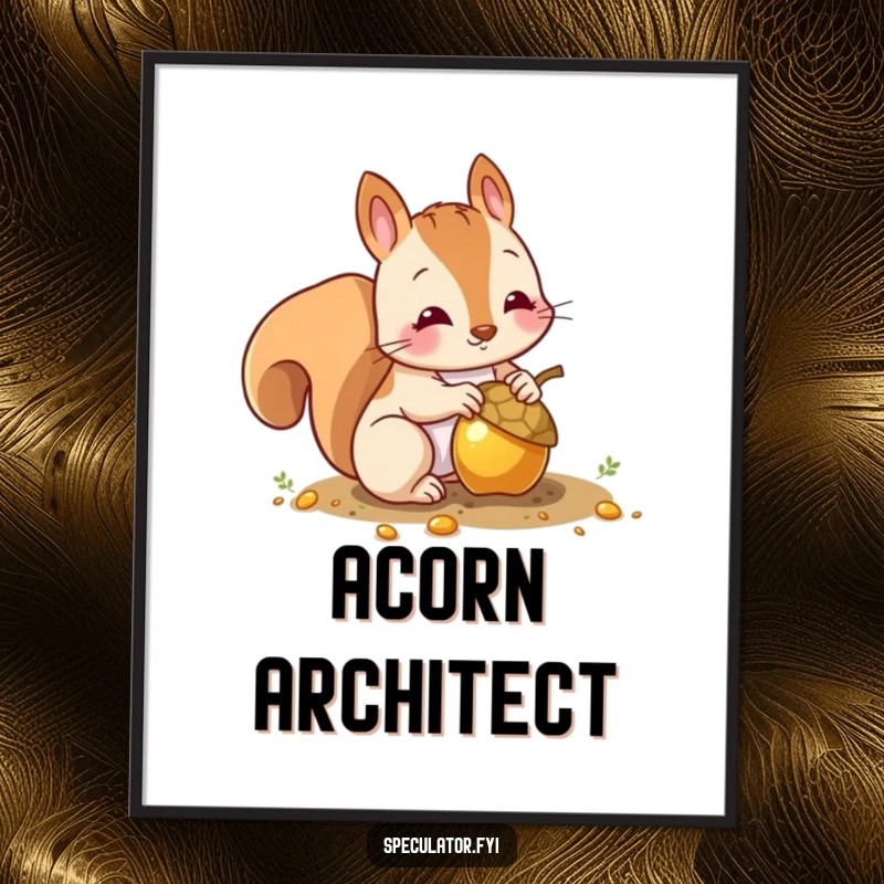 Funny squirrel poster art of a character burying a shiny gold acorn, perfect for adding humor to walls.
