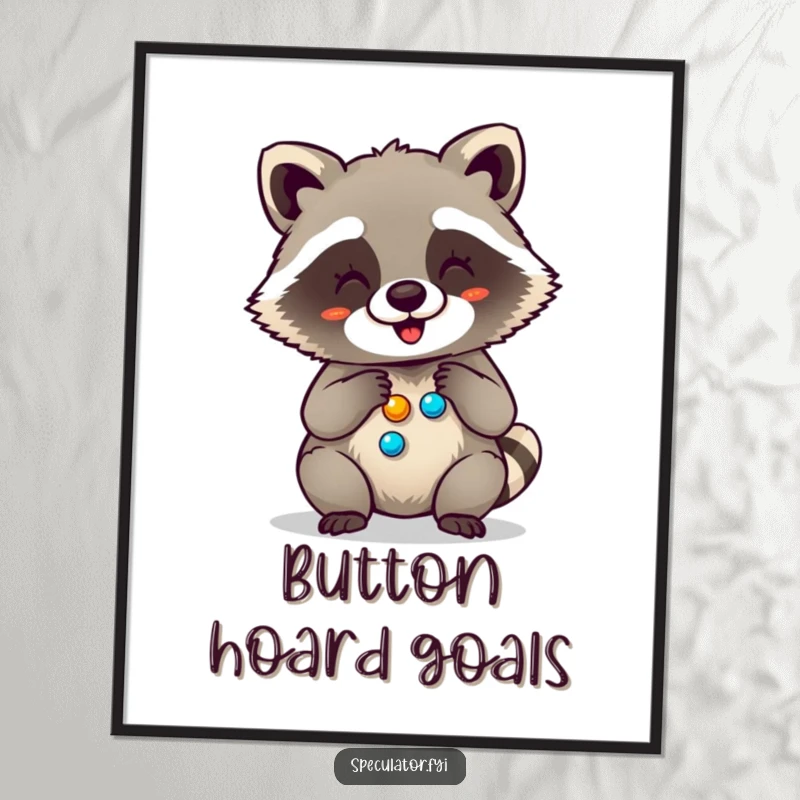 Funny poster showcasing a giggling raccoon mesmerized by its pile of shiny buttons, capturing a moment of pure, unadulterated joy.