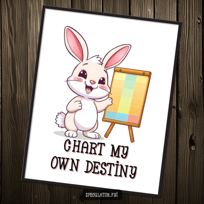 Funny bunny poster, confidently presenting a vibrant, upward-trending business chart, motivational art.