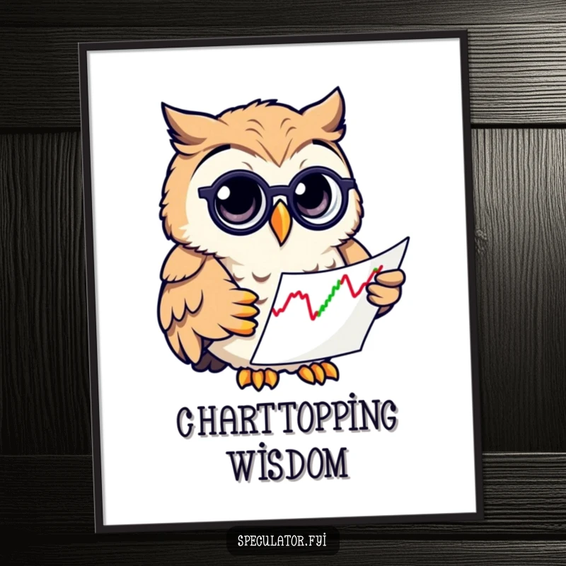 Funny poster of an owl wearing a monocle, intently studying stock market charts, adding humor to any wall.