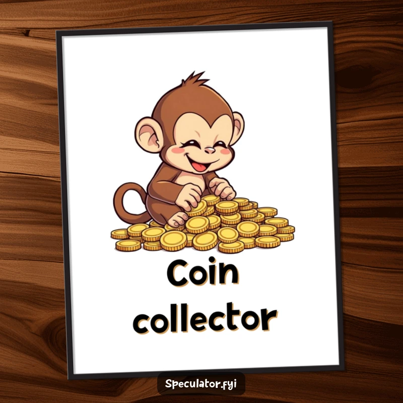 Funny cheeky monkey poster, joyfully examining a pile of coins, whimsical wall art for primate enthusiasts.