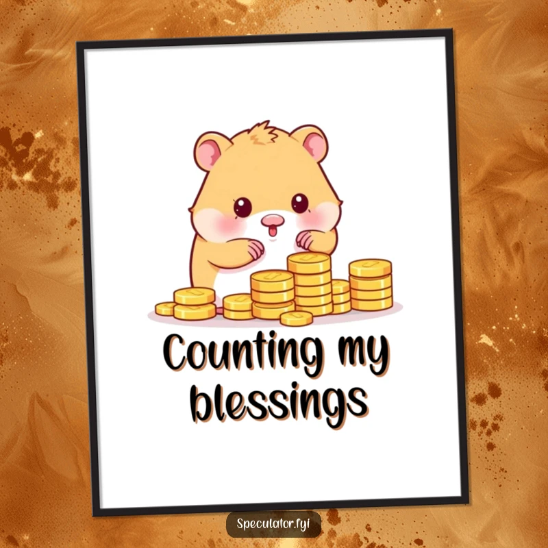 Funny kawaii hamster character meticulously stacking tiny gold coins with a happy, determined look on a poster.
