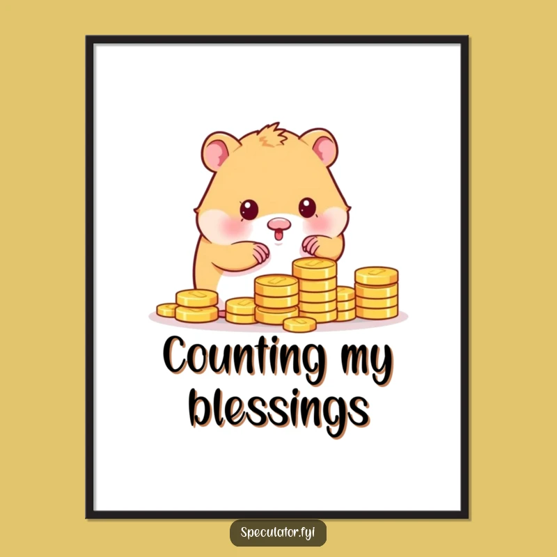 Funny Kawaii Hamster Counting Gold Coins Poster - Whimsical Funny Gift!