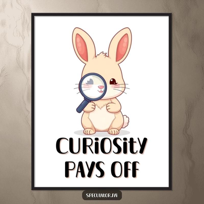 Funny kawaii rabbit character holding a magnifying glass and examining something small on a poster.