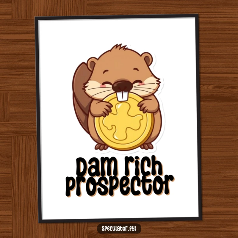Funny wall art poster of a determined beaver focused on gnawing a golden coin, symbolizing ambition and financial success.