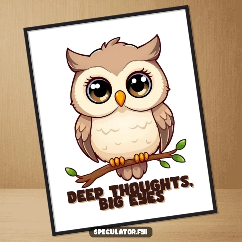 Funny owl poster, large eyes, perched on a branch, gazing into the distance, humorous wall art.