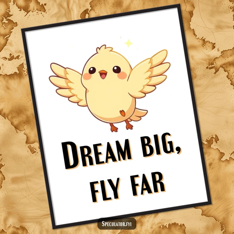 Funny bird poster depicting a happy character spreading wings and soaring joyfully towards a bright, distant shimmering glimmer.