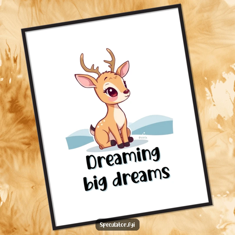 Funny kawaii deer poster, art print of a thoughtful deer looking at a distant horizon, serene wall decor.