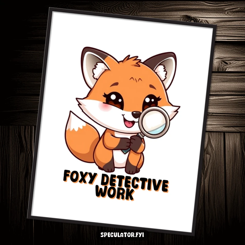 Funny poster of a playful fox holding a magnifying glass, with a confident grin, ready to uncover secrets.