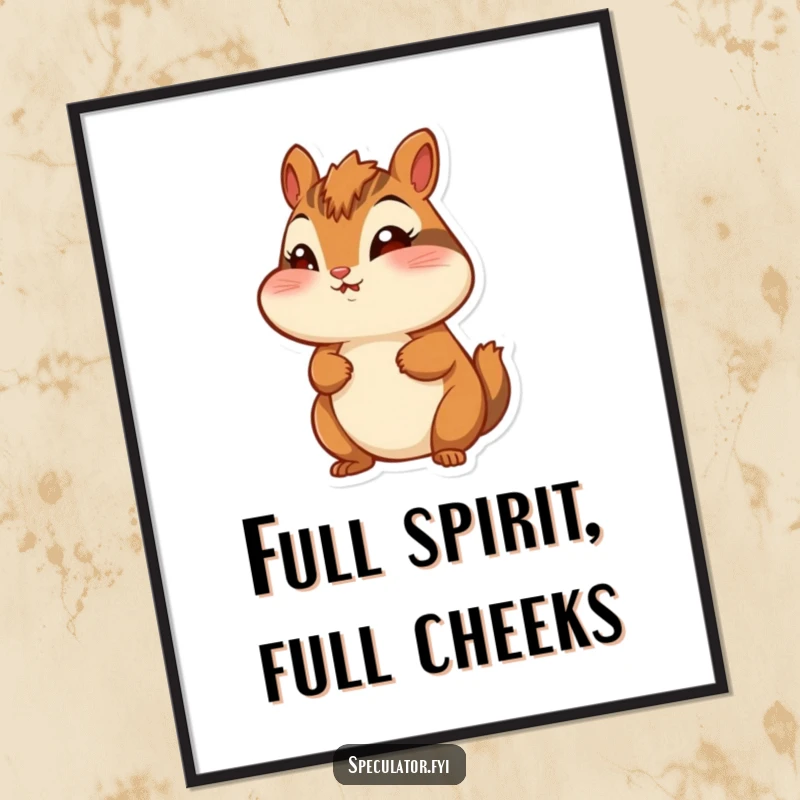 Funny chipmunk poster, cheeks puffed, looking around with wonder, humorous wall art for any space.