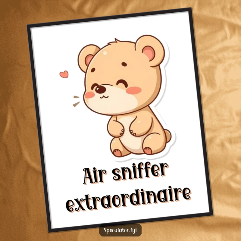 Funny poster of a small bear cub character with a curious expression, sniffing the air, capturing a moment of innocent exploration. A great funny gift.