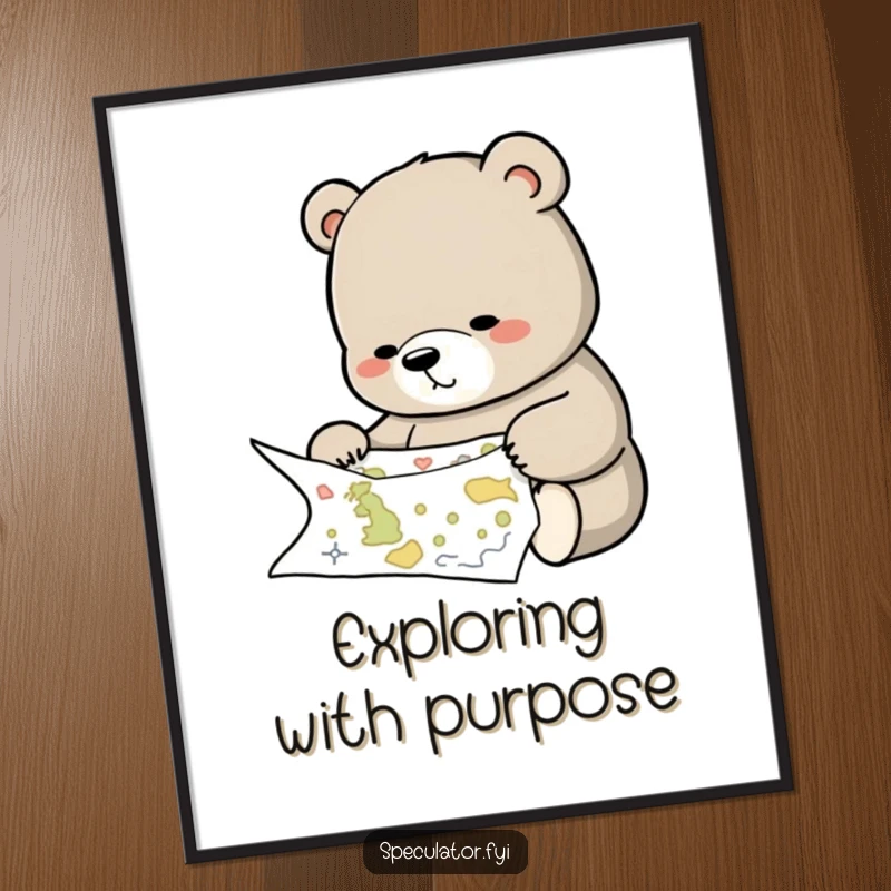 Funny poster art of a thoughtful bear carefully examining a detailed map, creating a wise and humorous scene.