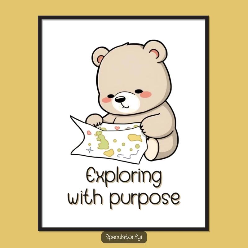 Funny Bear Studying Map Poster - Wise Wall Art, Charming Humorous Gift