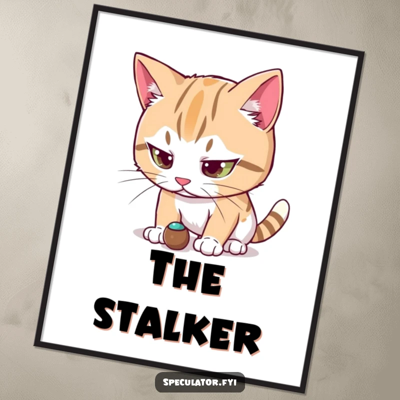 Funny cat character poster intensely focused on a small moving object, perfect wall art for showcasing feline observation and humor.