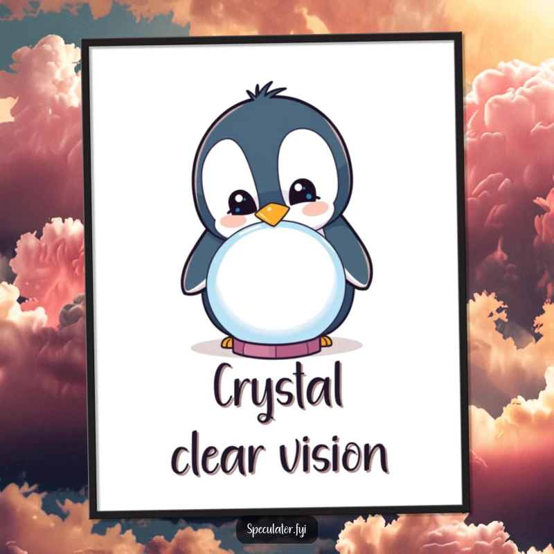 Funny curious penguin smiling while peering into a crystal ball on a wall poster, humorous and charming art.