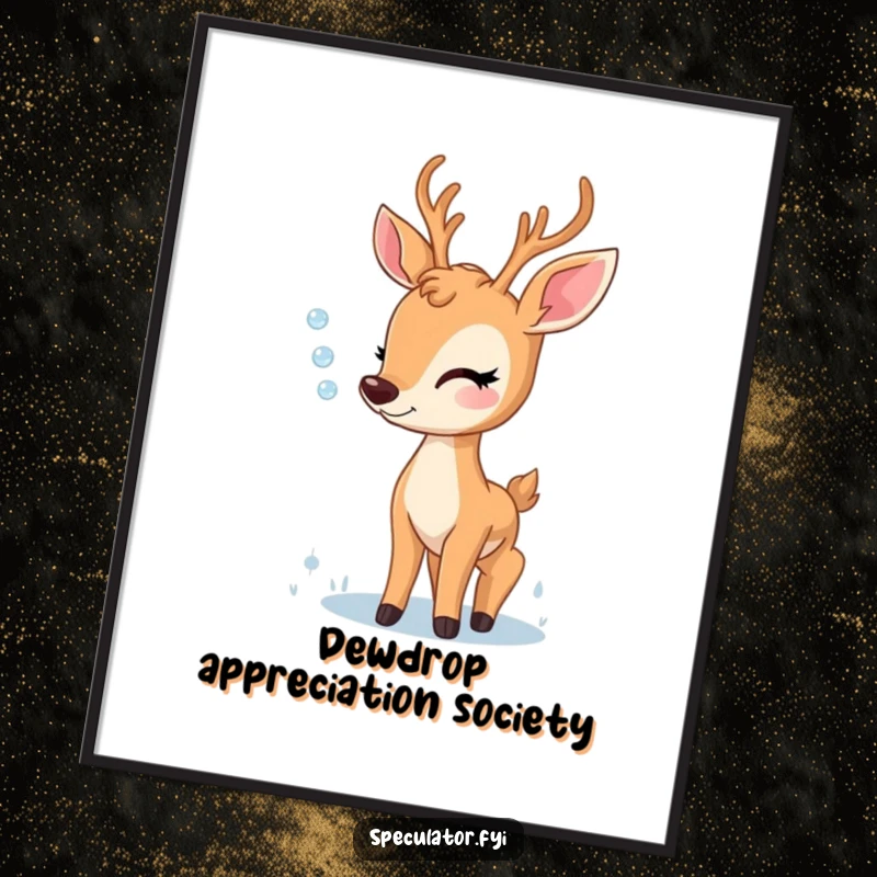 Funny poster of a delighted deer gazing intently at a single dewdrop, evoking feelings of peace, wonder, and connection with nature.