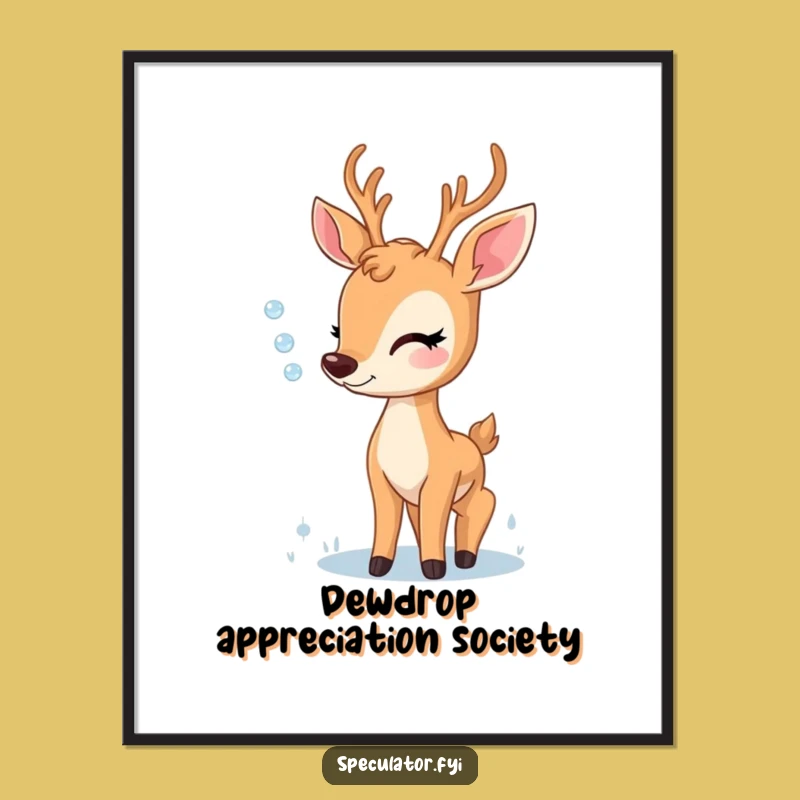 Funny Delighted Deer Dewdrop Art Print - Peaceful Nature Wall Decor