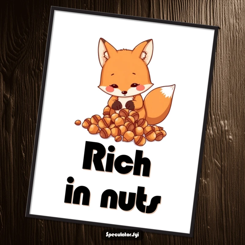 Funny Fox Poster: a resourceful fox is shown counting shiny acorns, creating humorous wall art that celebrates intelligence.