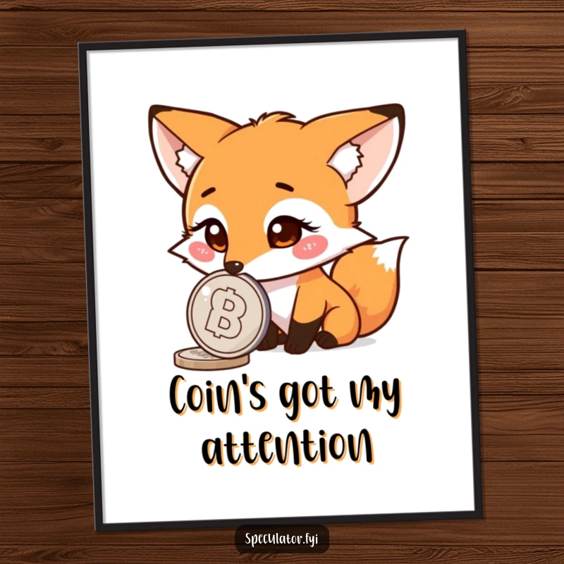 Funny fox poster, curious character watching a spinning coin, witty animal art, adds intrigue and humor.