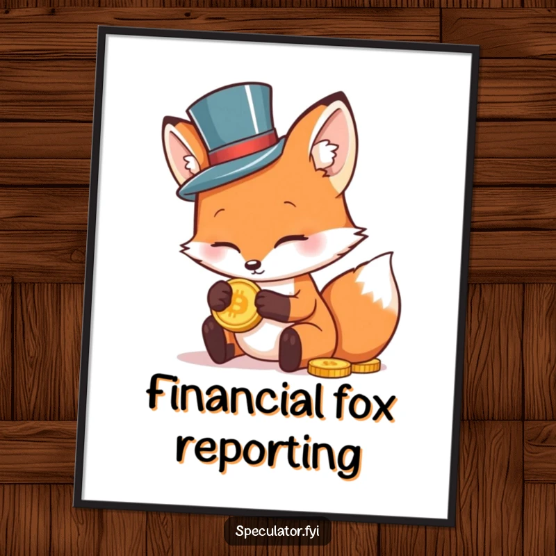 Funny poster art of a sophisticated fox wearing a tiny top hat, looking intently at a gold coin, elegant and amusing.