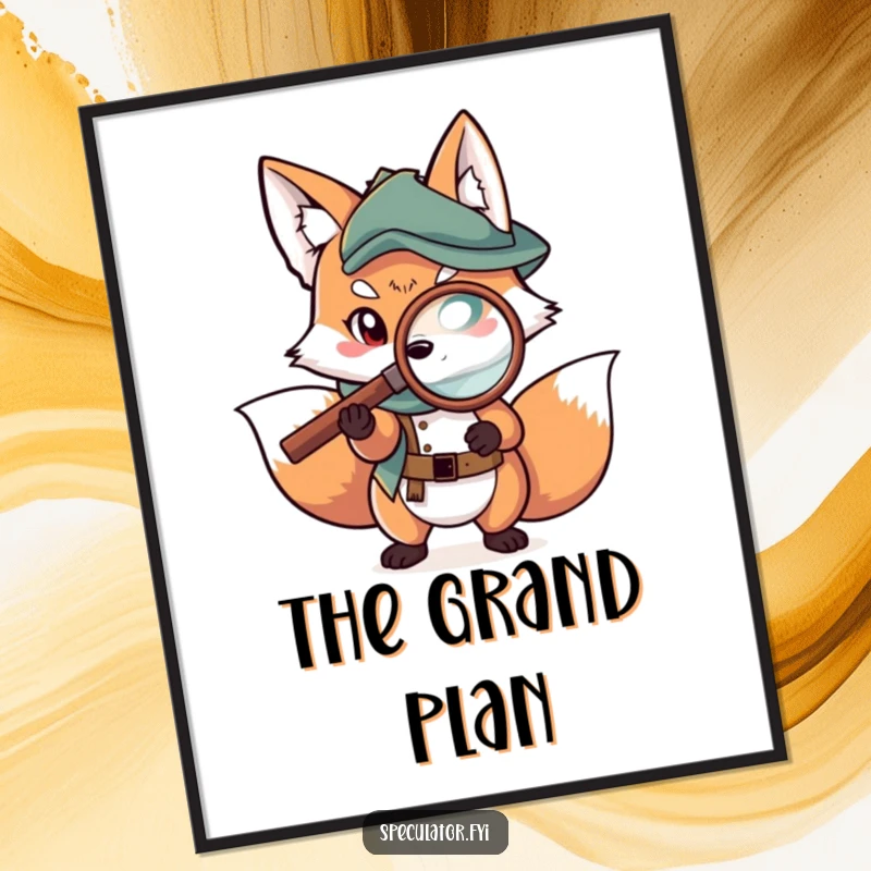 Funny fox poster art of a scheming character examining a map with a magnifying glass, perfect for intriguing walls.