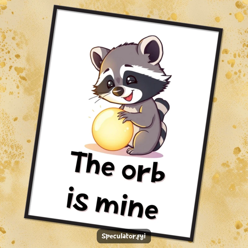 Funny happy raccoon examining a mysterious, glowing orb on a wall poster, humorous and atmospheric art.