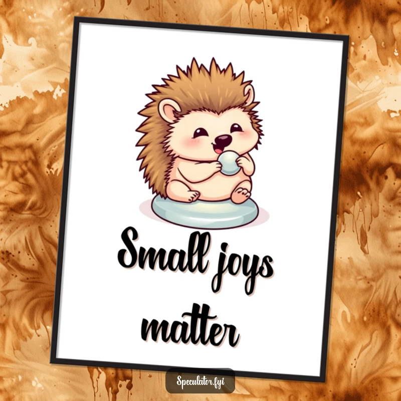 Funny hedgehog poster featuring a content hedgehog meticulously polishing a shiny button, adding cute humor to decor.